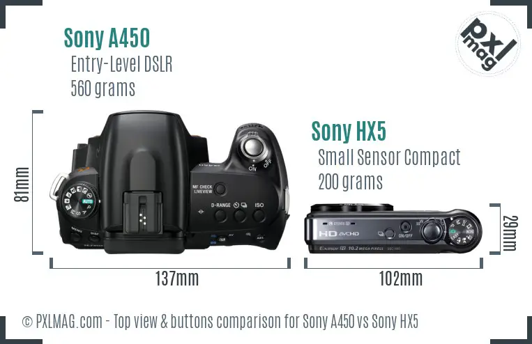 Sony A450 vs Sony HX5 top view buttons comparison