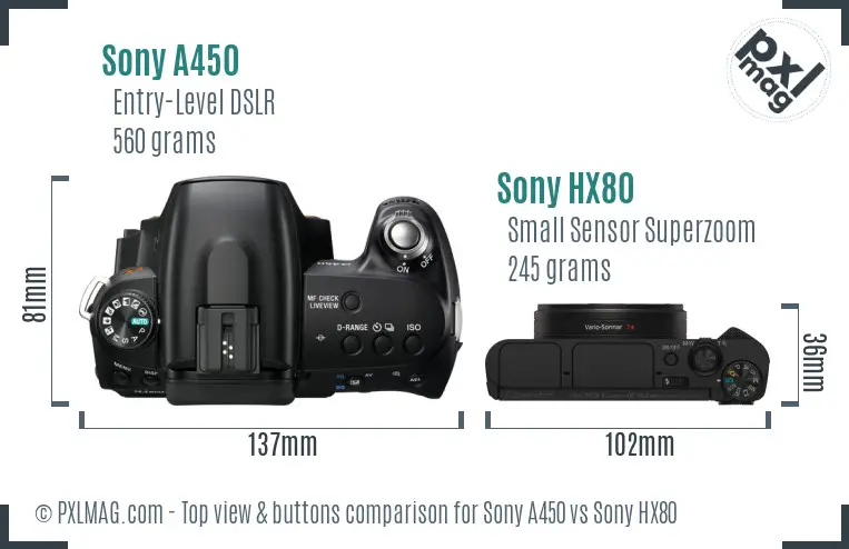 Sony A450 vs Sony HX80 top view buttons comparison