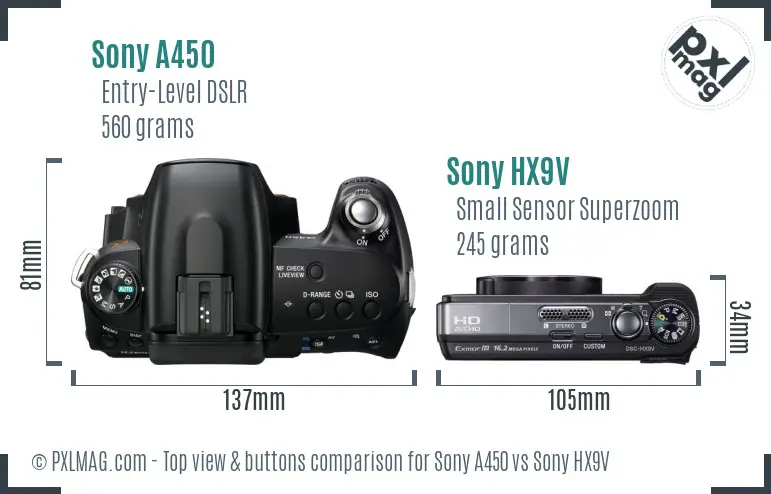 Sony A450 vs Sony HX9V top view buttons comparison
