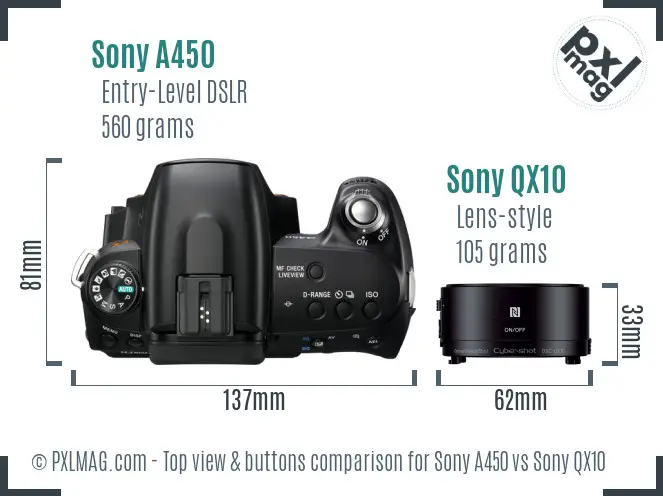 Sony A450 vs Sony QX10 top view buttons comparison