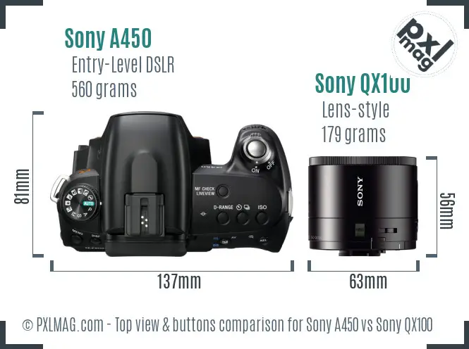 Sony A450 vs Sony QX100 top view buttons comparison