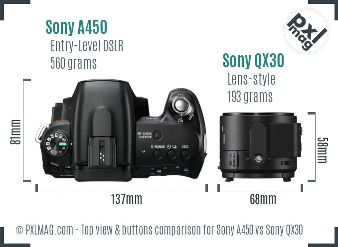 Sony A450 vs Sony QX30 top view buttons comparison