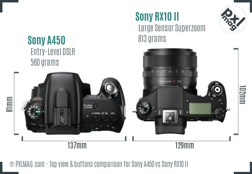 Sony A450 vs Sony RX10 II top view buttons comparison