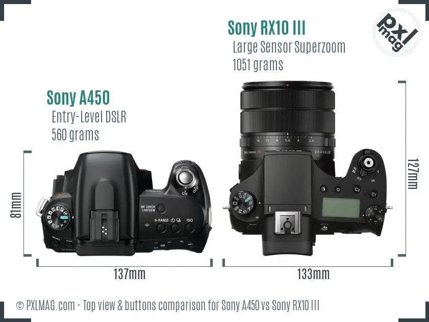 Sony A450 vs Sony RX10 III top view buttons comparison