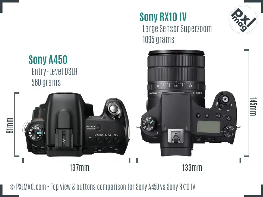 Sony A450 vs Sony RX10 IV top view buttons comparison