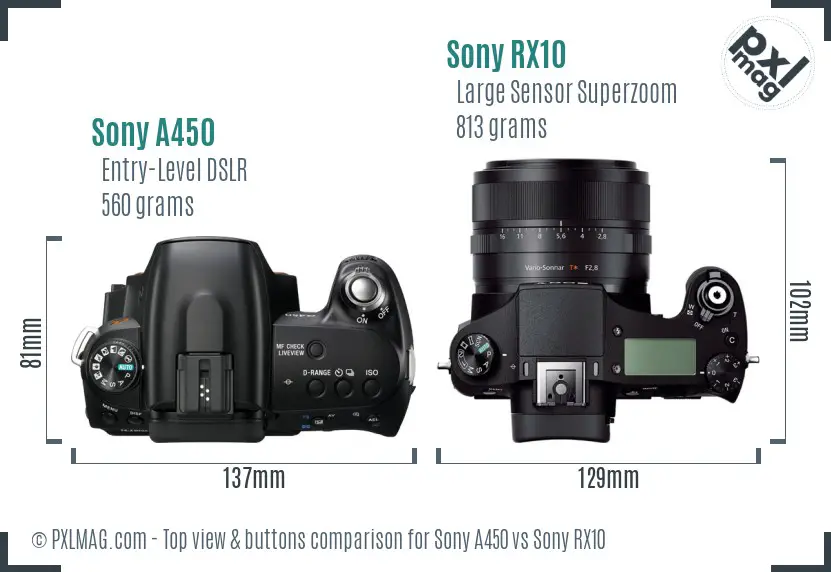 Sony A450 vs Sony RX10 top view buttons comparison