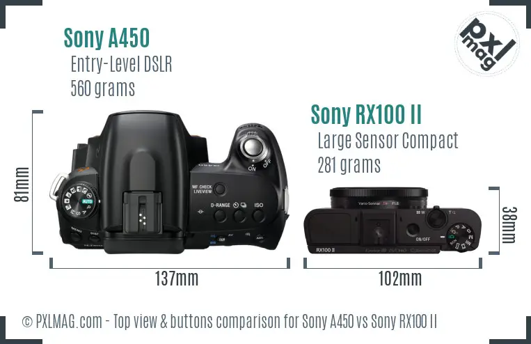Sony A450 vs Sony RX100 II top view buttons comparison