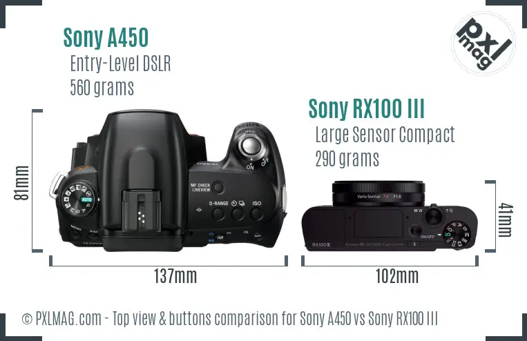 Sony A450 vs Sony RX100 III top view buttons comparison
