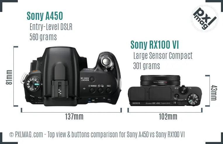 Sony A450 vs Sony RX100 VI top view buttons comparison