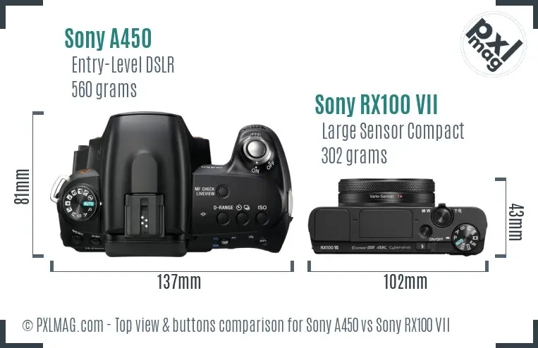 Sony A450 vs Sony RX100 VII top view buttons comparison