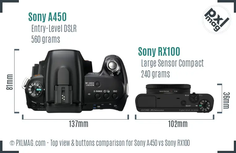 Sony A450 vs Sony RX100 top view buttons comparison