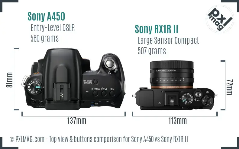 Sony A450 vs Sony RX1R II top view buttons comparison