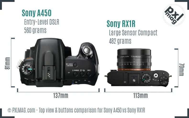 Sony A450 vs Sony RX1R top view buttons comparison