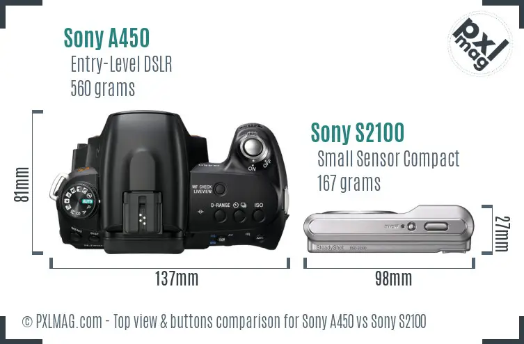 Sony A450 vs Sony S2100 top view buttons comparison