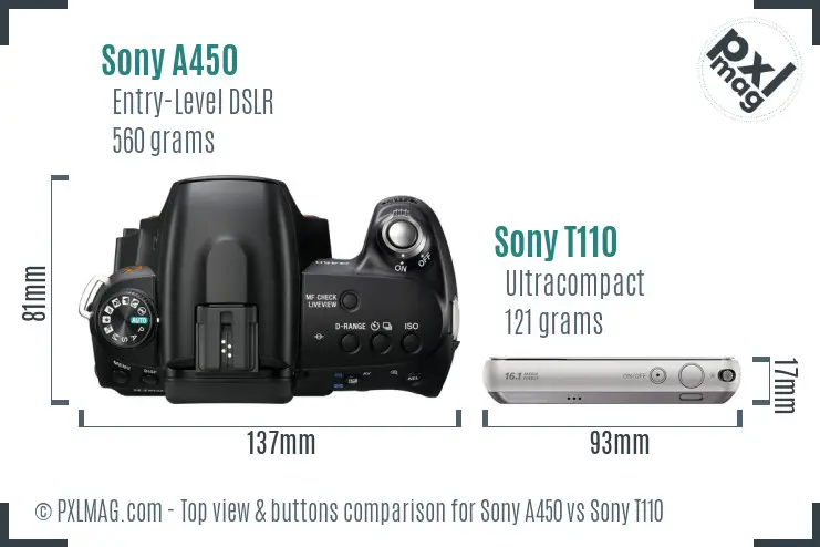 Sony A450 vs Sony T110 top view buttons comparison