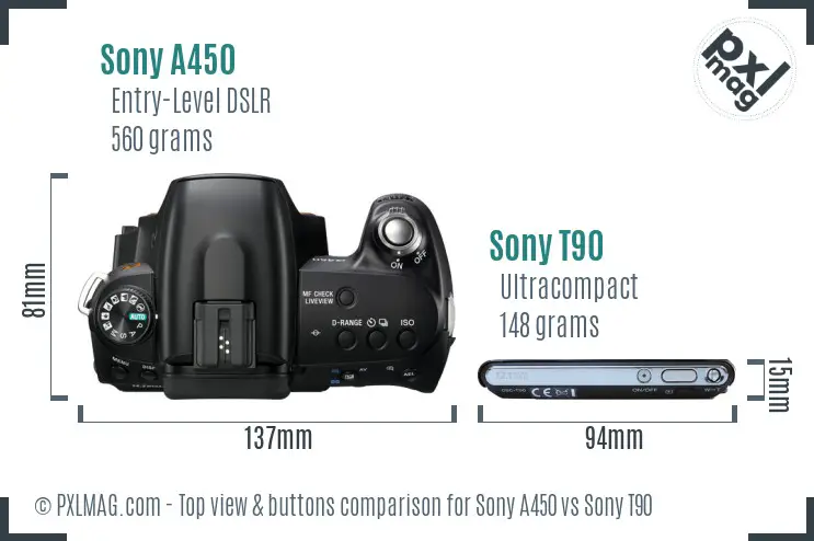 Sony A450 vs Sony T90 top view buttons comparison