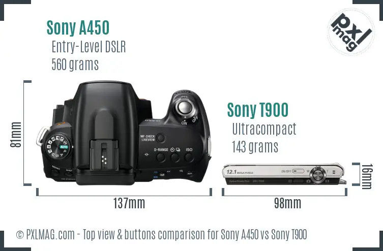 Sony A450 vs Sony T900 top view buttons comparison