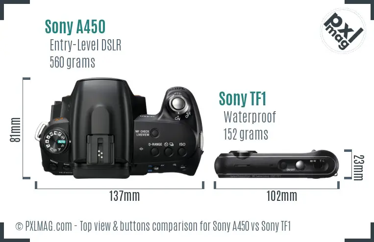 Sony A450 vs Sony TF1 top view buttons comparison