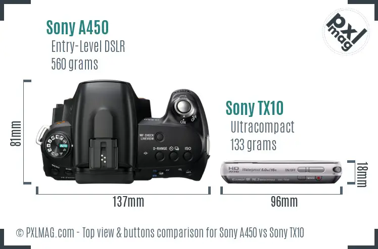 Sony A450 vs Sony TX10 top view buttons comparison