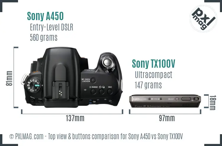 Sony A450 vs Sony TX100V top view buttons comparison