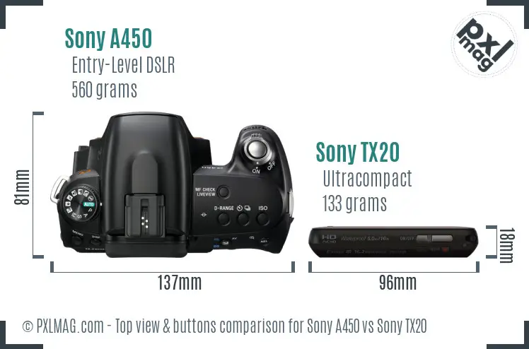 Sony A450 vs Sony TX20 top view buttons comparison