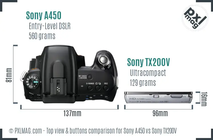 Sony A450 vs Sony TX200V top view buttons comparison