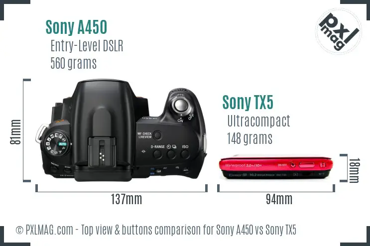 Sony A450 vs Sony TX5 top view buttons comparison