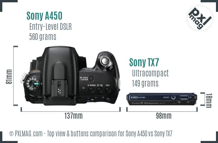 Sony A450 vs Sony TX7 top view buttons comparison