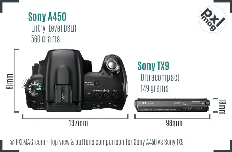 Sony A450 vs Sony TX9 top view buttons comparison