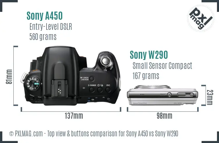 Sony A450 vs Sony W290 top view buttons comparison