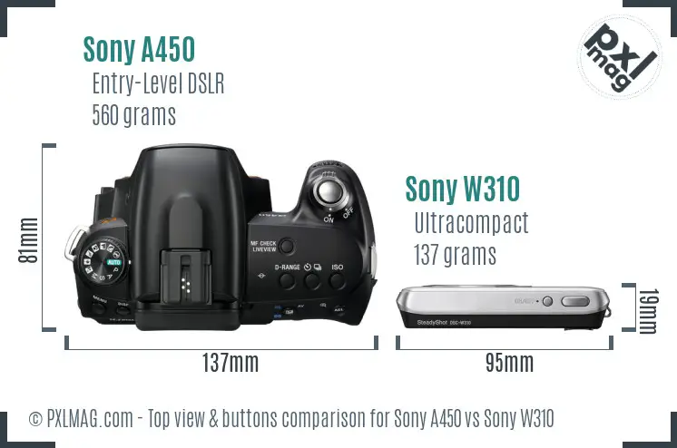Sony A450 vs Sony W310 top view buttons comparison