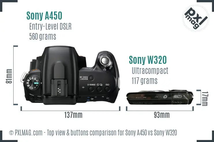 Sony A450 vs Sony W320 top view buttons comparison