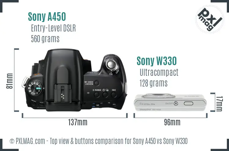 Sony A450 vs Sony W330 top view buttons comparison
