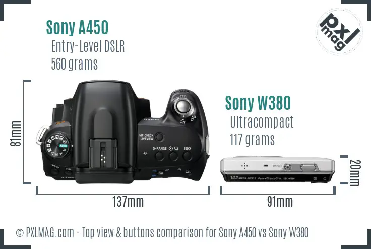Sony A450 vs Sony W380 top view buttons comparison