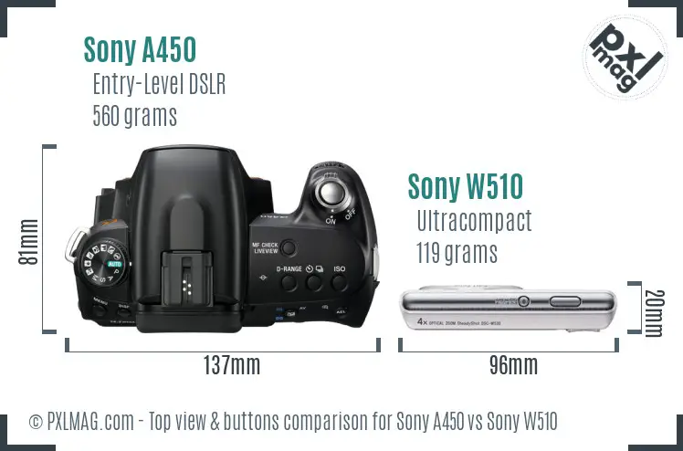 Sony A450 vs Sony W510 top view buttons comparison