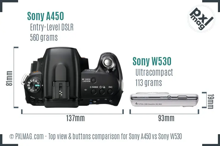 Sony A450 vs Sony W530 top view buttons comparison