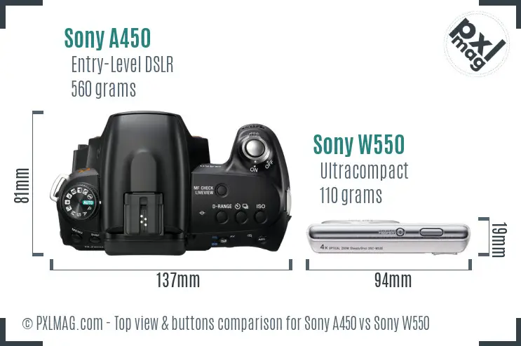 Sony A450 vs Sony W550 top view buttons comparison