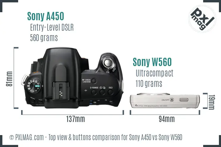 Sony A450 vs Sony W560 top view buttons comparison