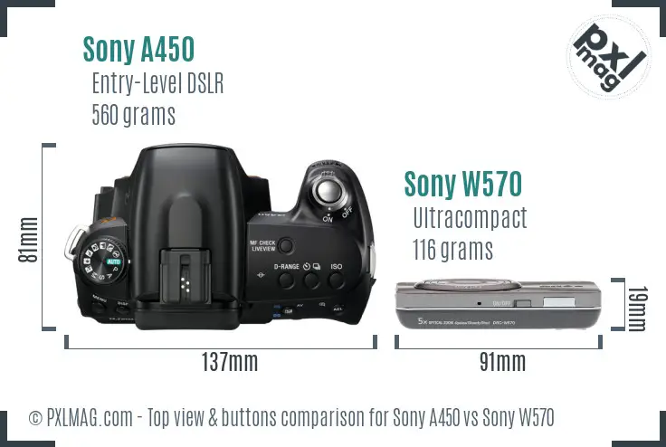 Sony A450 vs Sony W570 top view buttons comparison