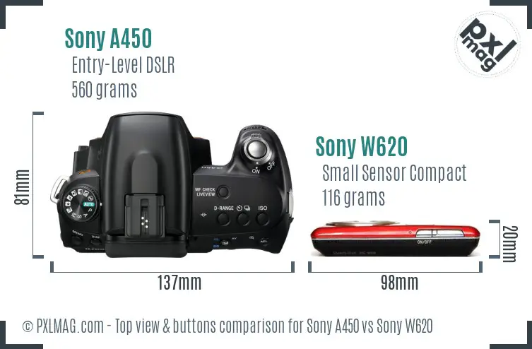 Sony A450 vs Sony W620 top view buttons comparison