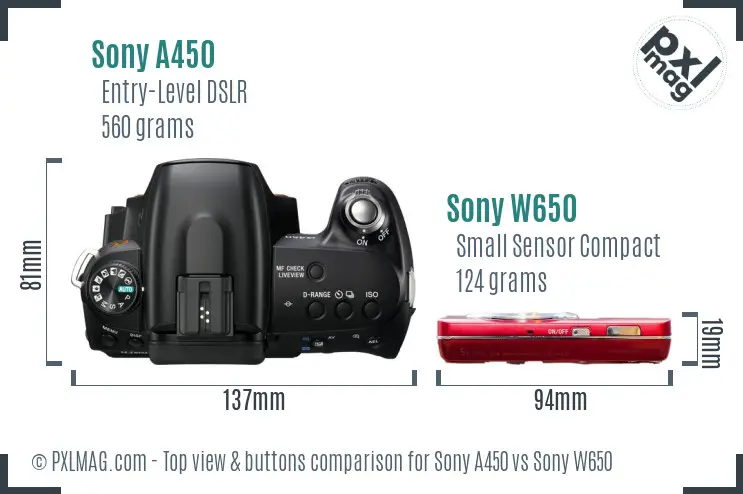 Sony A450 vs Sony W650 top view buttons comparison