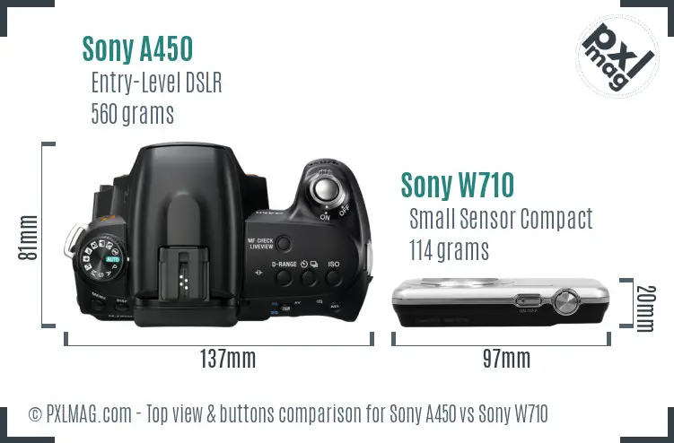 Sony A450 vs Sony W710 top view buttons comparison