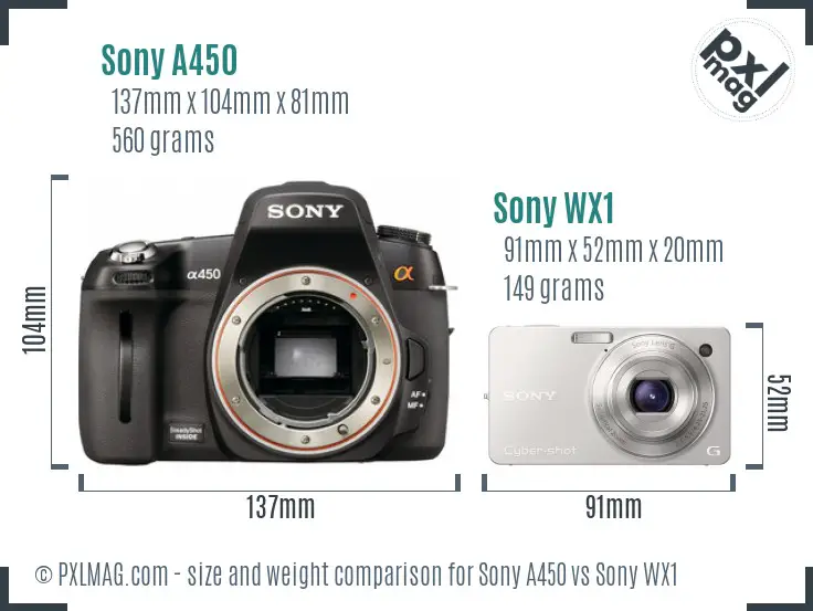 Sony A450 vs Sony WX1 size comparison