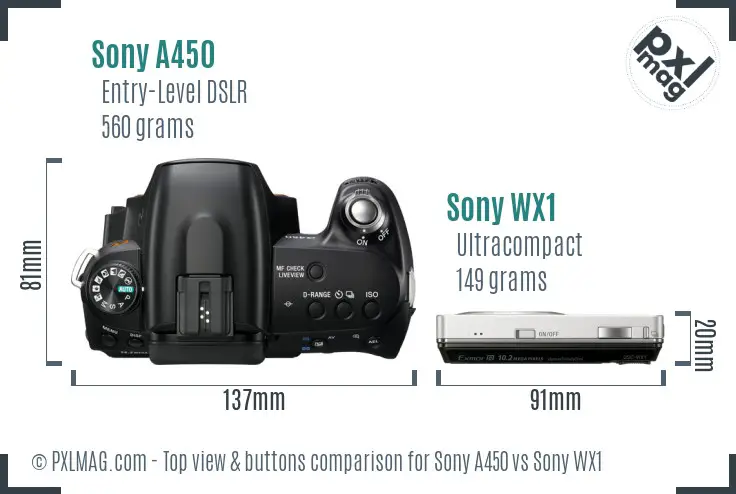 Sony A450 vs Sony WX1 top view buttons comparison