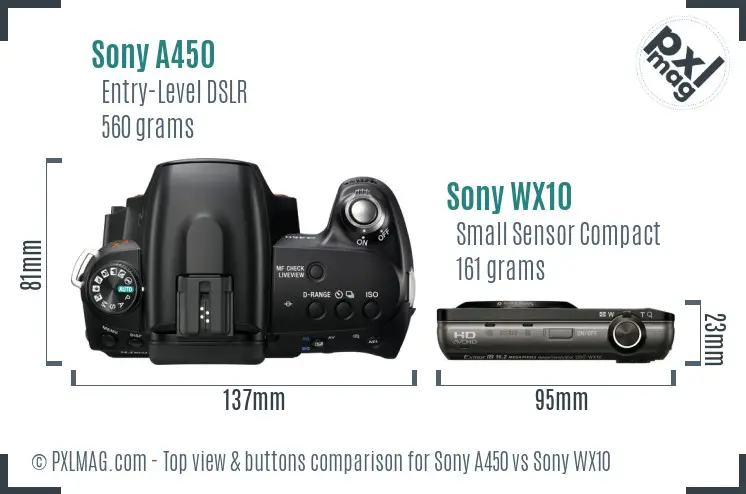 Sony A450 vs Sony WX10 top view buttons comparison