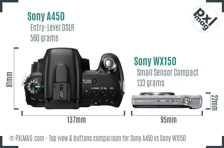 Sony A450 vs Sony WX150 top view buttons comparison