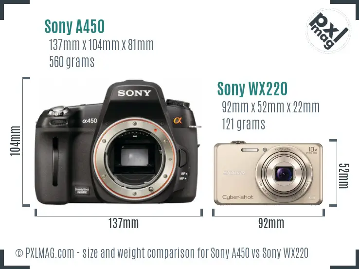 Sony A450 vs Sony WX220 size comparison