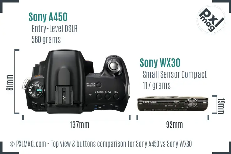 Sony A450 vs Sony WX30 top view buttons comparison