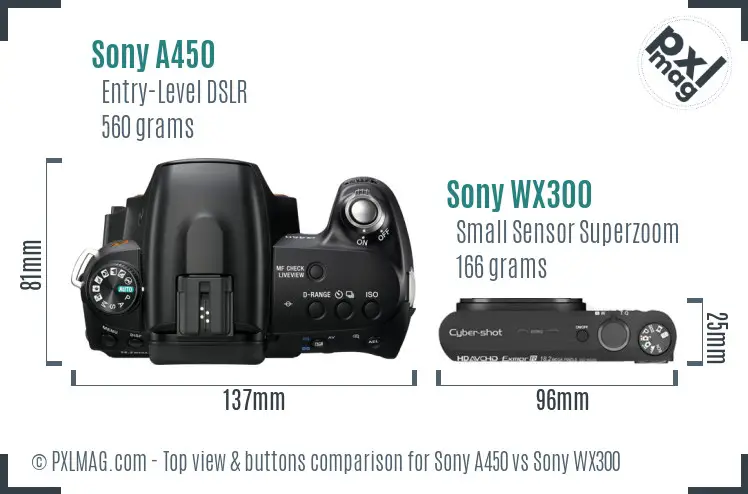 Sony A450 vs Sony WX300 top view buttons comparison
