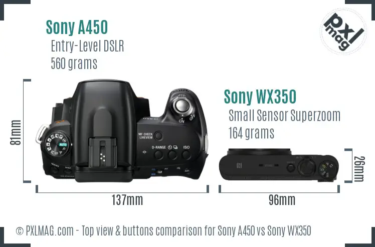 Sony A450 vs Sony WX350 top view buttons comparison